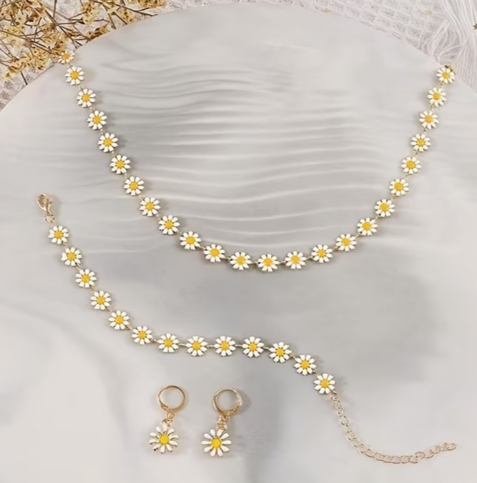4PCS Daisy Jewellery Set Necklace Bracelet Earrings Floral Gold Tone Cute Boho G