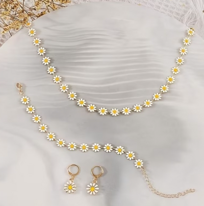 4PCS Daisy Jewellery Set Necklace Bracelet Earrings Floral Gold Tone Cute Boho G