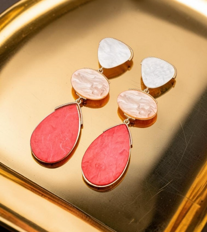 Gold Pink Coral Drop Earrings Large Multi Layer Marble Geometric Statement Gift