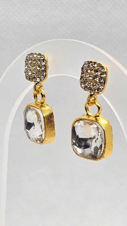 ​Gold Cushion Cut Drop Earrings Vintage Square Crystal Dangle Geometric Studs