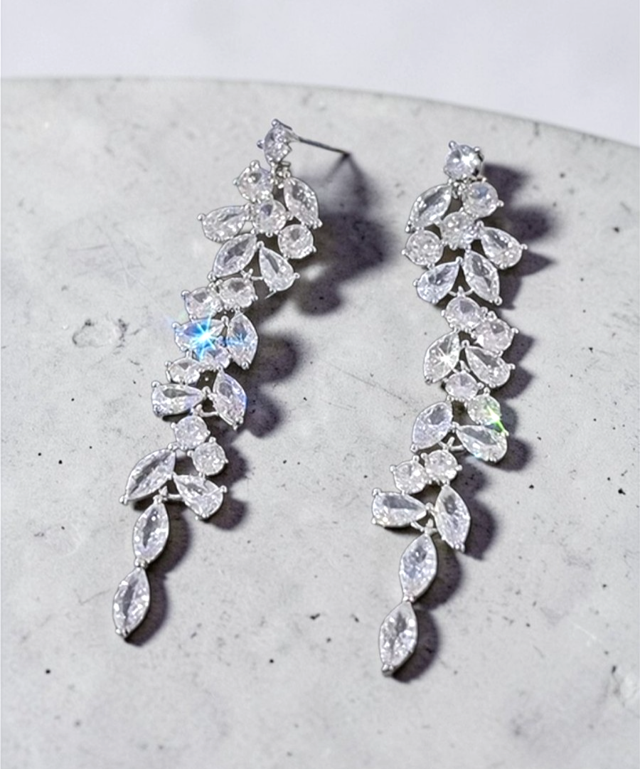 Silver Tone Crystal Leaf Drop Earrings Long Dangle Bridal Wedding Prom Diamante
