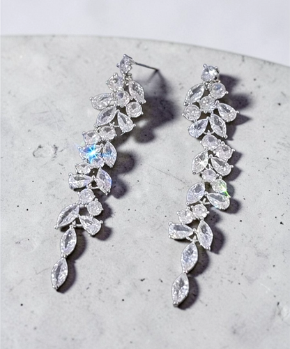 Silver Tone Crystal Leaf Drop Earrings Long Dangle Bridal Wedding Prom Diamante