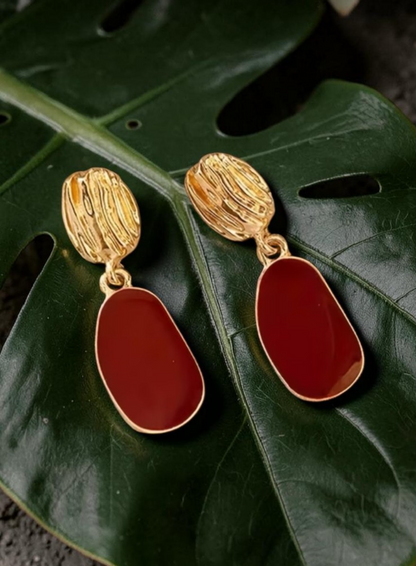 ​Gold Burgundy Red Drop Earrings Textured Enamel Geometric Retro Dangle Gift