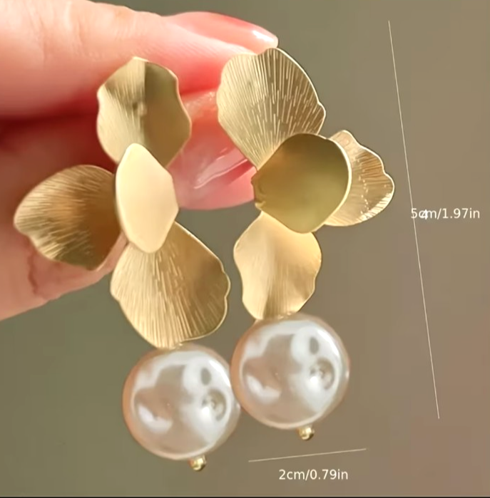 ​Gold Petal Drop Earrings Baroque Imitation Pearl Flower Dangle Vintage French