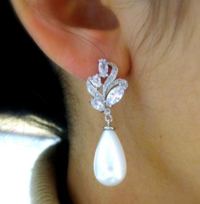 ​Silver Pearl Drop Earrings Bridal Crystal Marquise Flower Wedding Teardrop Gift