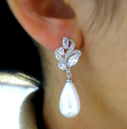 ​Silver Pearl Drop Earrings Bridal Crystal Marquise Flower Wedding Teardrop Gift