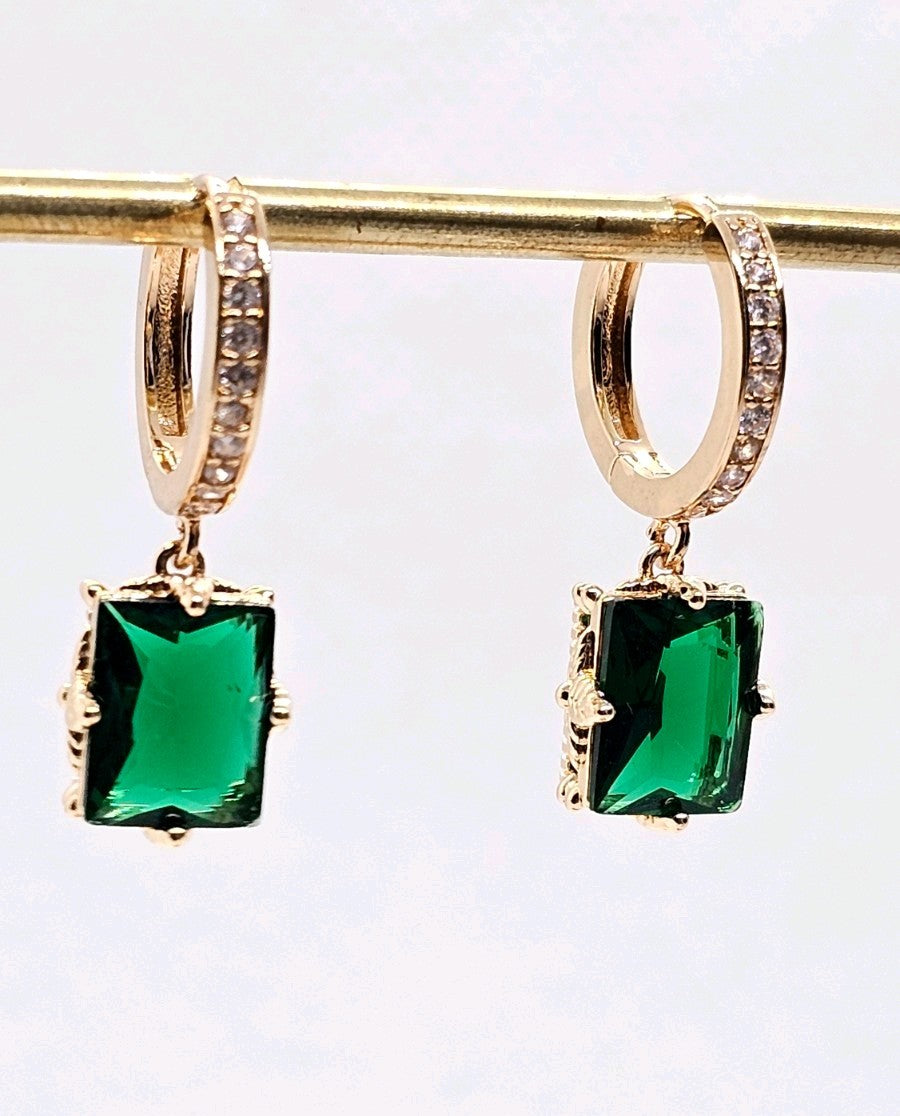 Gold Emerald Green Square Hoop Earrings CZ Pavé Huggie Cushion Drop Dangle UK