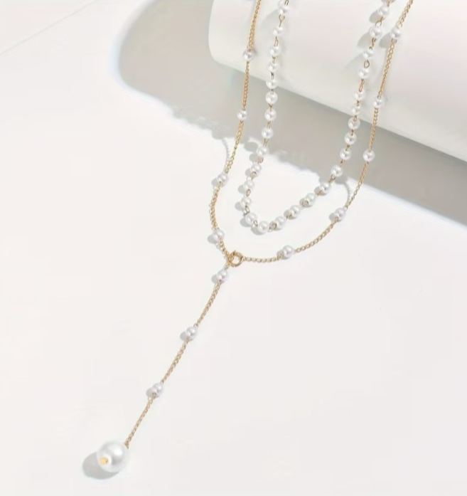 ​Gold Layered Pearl Choker Necklace Y Lariat Drop Tassel Pendant Long Chain Gift