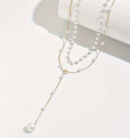 ​Gold Layered Pearl Choker Necklace Y Lariat Drop Tassel Pendant Long Chain Gift