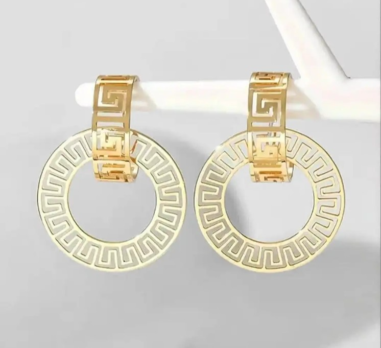 ​Gold Greek Key Earrings Geometric Circular Hoop Drop Dangle Cutout Statement