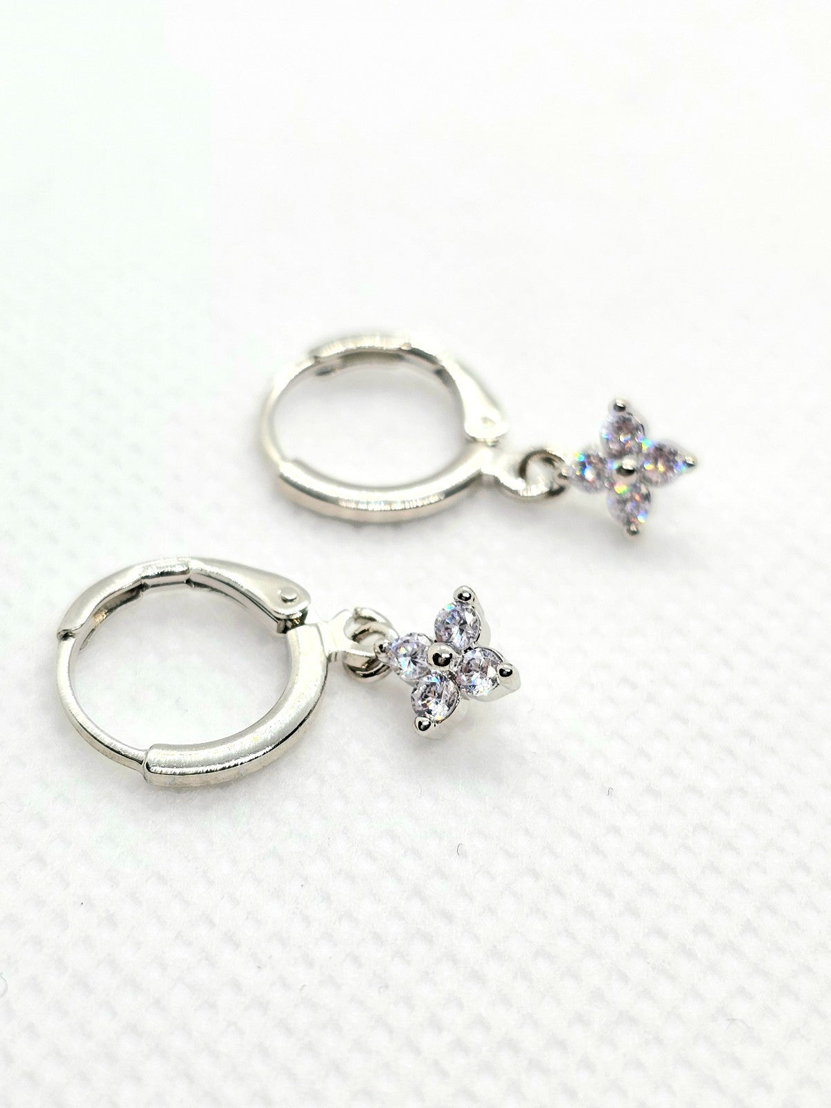Silver Tone Flower Drop Hoop Earrings Crystal Dangle Floral Earrings Minimalist