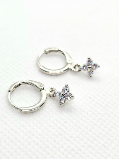 Silver Tone Flower Drop Hoop Earrings Crystal Dangle Floral Earrings Minimalist
