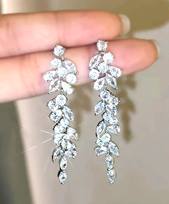 Silver Tone Crystal Leaf Drop Earrings Long Dangle Bridal Wedding Prom Diamante