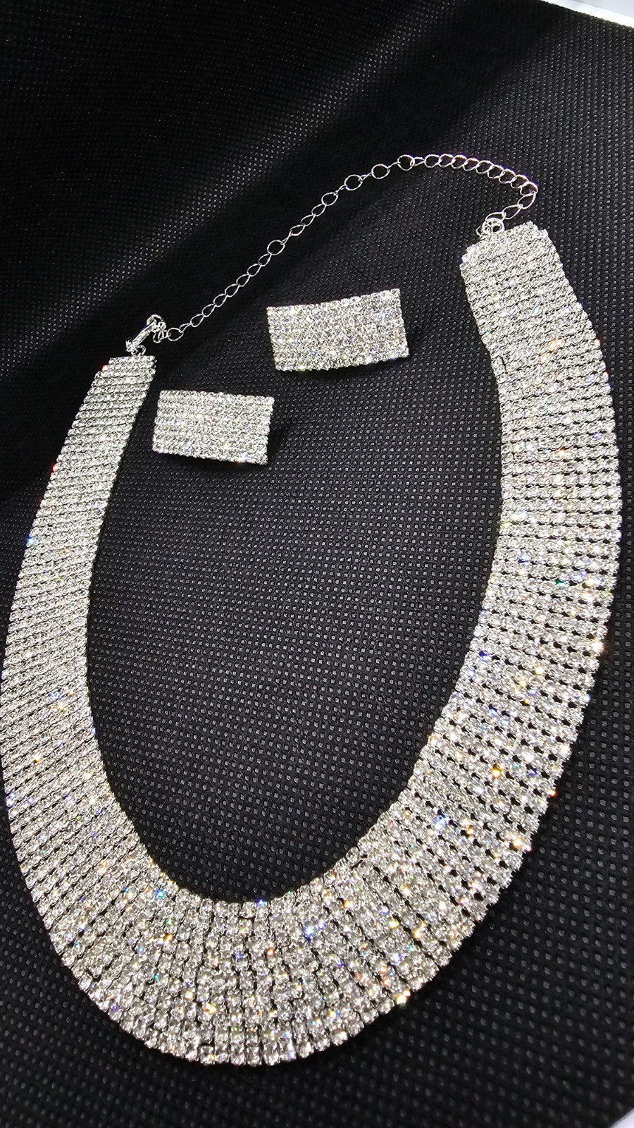 Silver tone sparkly Rhinestone Crystal Wide Choker Necklace &Earrings Set Bridal