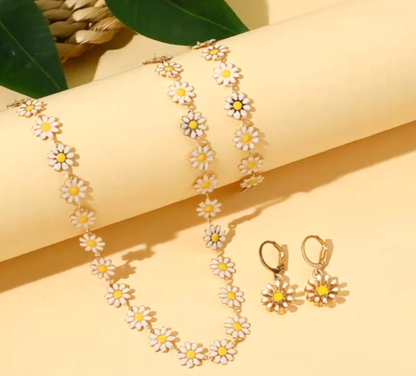 4PCS Daisy Jewellery Set Necklace Bracelet Earrings Floral Gold Tone Cute Boho G