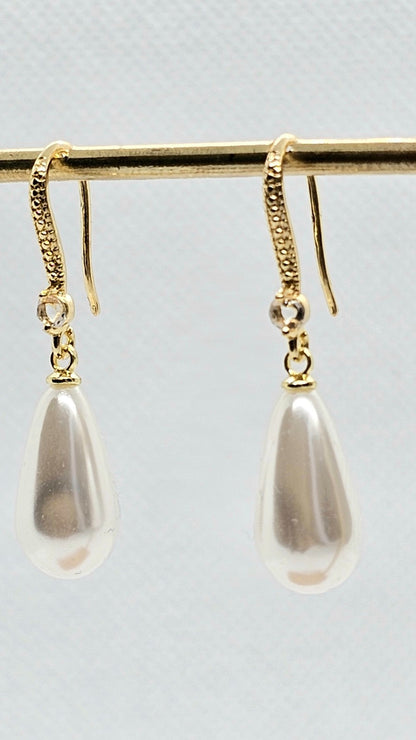 ​Gold Pearl Drop Earrings Teardrop Dangle Bridal Wedding Cream Faux Pearl Hooks
