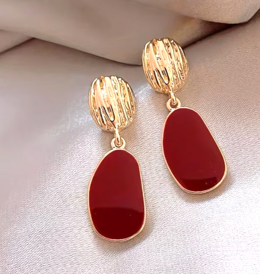 ​Gold Burgundy Red Drop Earrings Textured Enamel Geometric Retro Dangle Gift