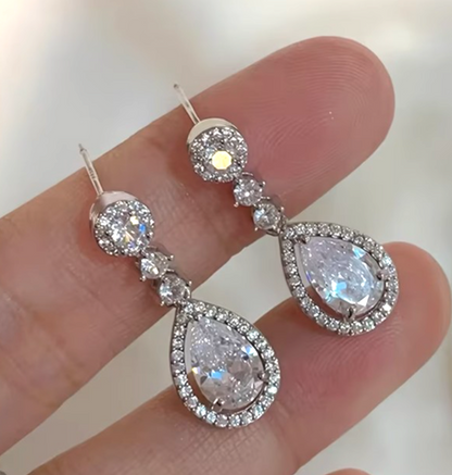 ​Silver Teardrop Dangle Earrings Crystal Water Drop Bridal Wedding Prom Jewelry