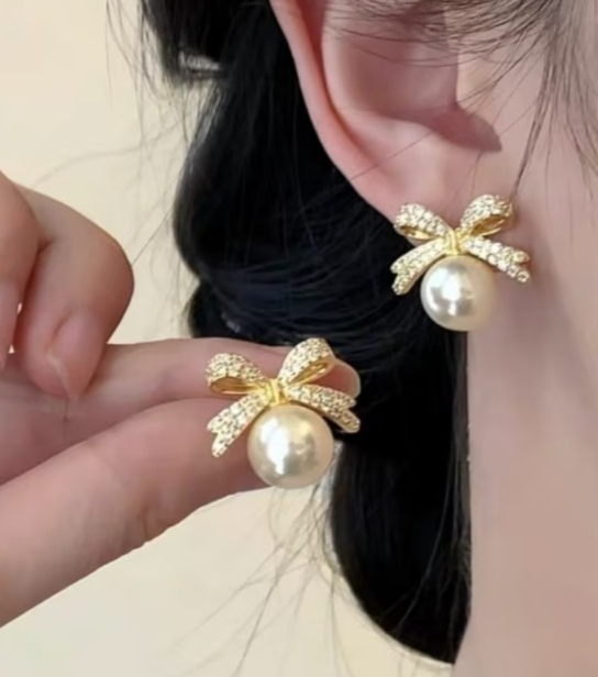 ​Gold Ribbon Bow Stud Earrings Pearl Drop Cubic Zirconia Dainty Coquette Gift