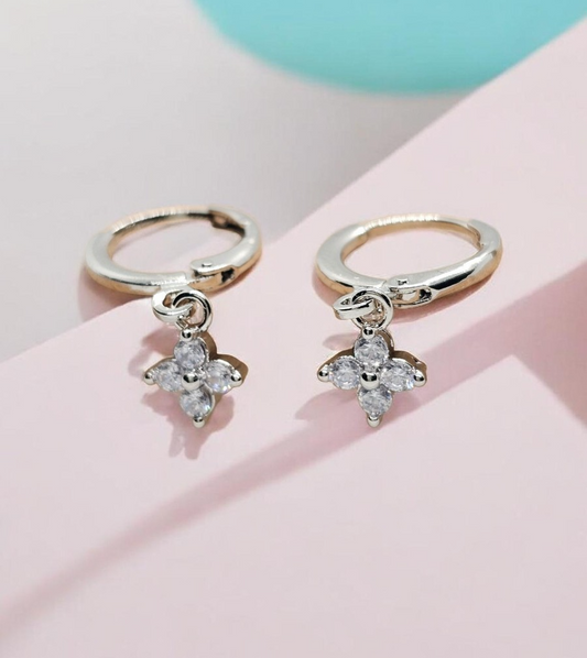 Silver Tone Flower Drop Hoop Earrings Crystal Dangle Floral Earrings Minimalist