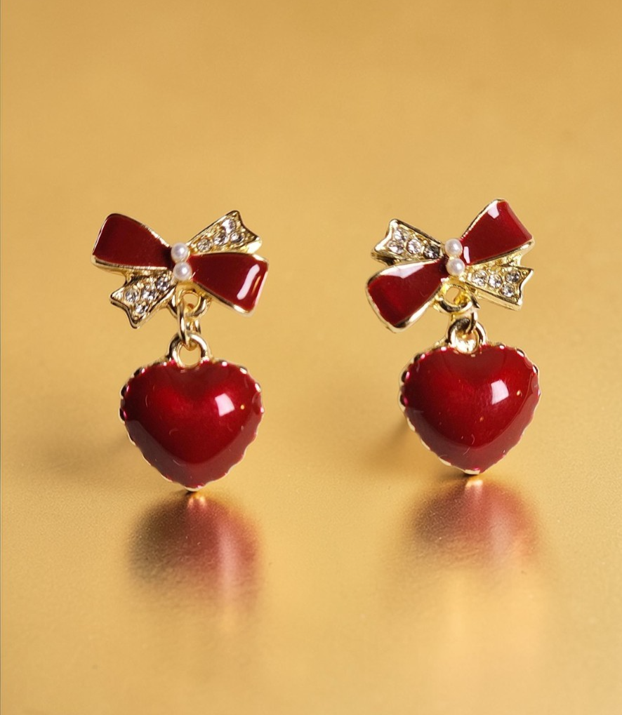 Red Heart Drop Earrings Gold Tone Bow Crystal Dangle Earrings Cute Romantic Gift