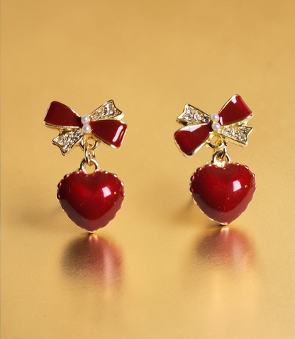 Red Heart Drop Earrings Gold Tone Bow Crystal Dangle Earrings Cute Romantic Gift