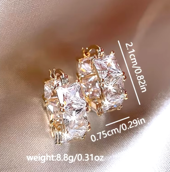 Gold Chunky Hoop Earrings Princess Cut Crystal Square Huggie Bridal Prom Gift
