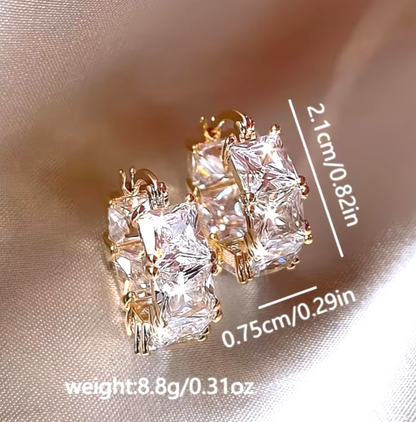 Gold Chunky Hoop Earrings Princess Cut Crystal Square Huggie Bridal Prom Gift