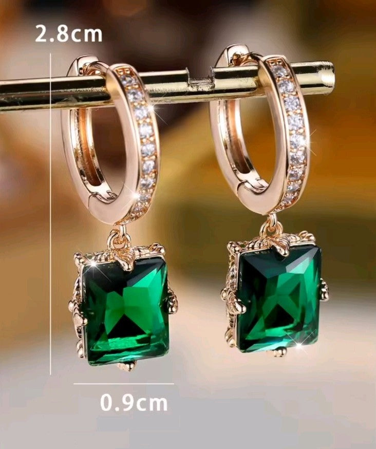 Gold Emerald Green Square Hoop Earrings CZ Pavé Huggie Cushion Drop Dangle UK