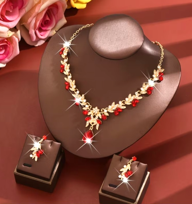 Vintage Gold Red Crystal Statement Necklace Earrings Set Costume Jewellery Gift