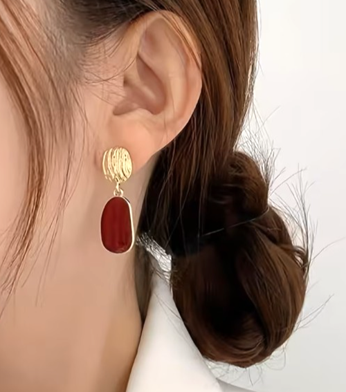 ​Gold Burgundy Red Drop Earrings Textured Enamel Geometric Retro Dangle Gift