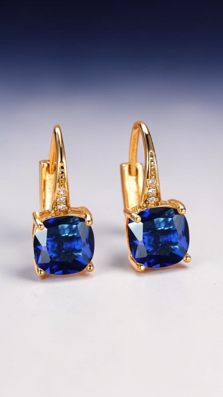 Gold Blue Sapphire Drop Earrings Cushion Cut Leverback Cushion Dangle UK