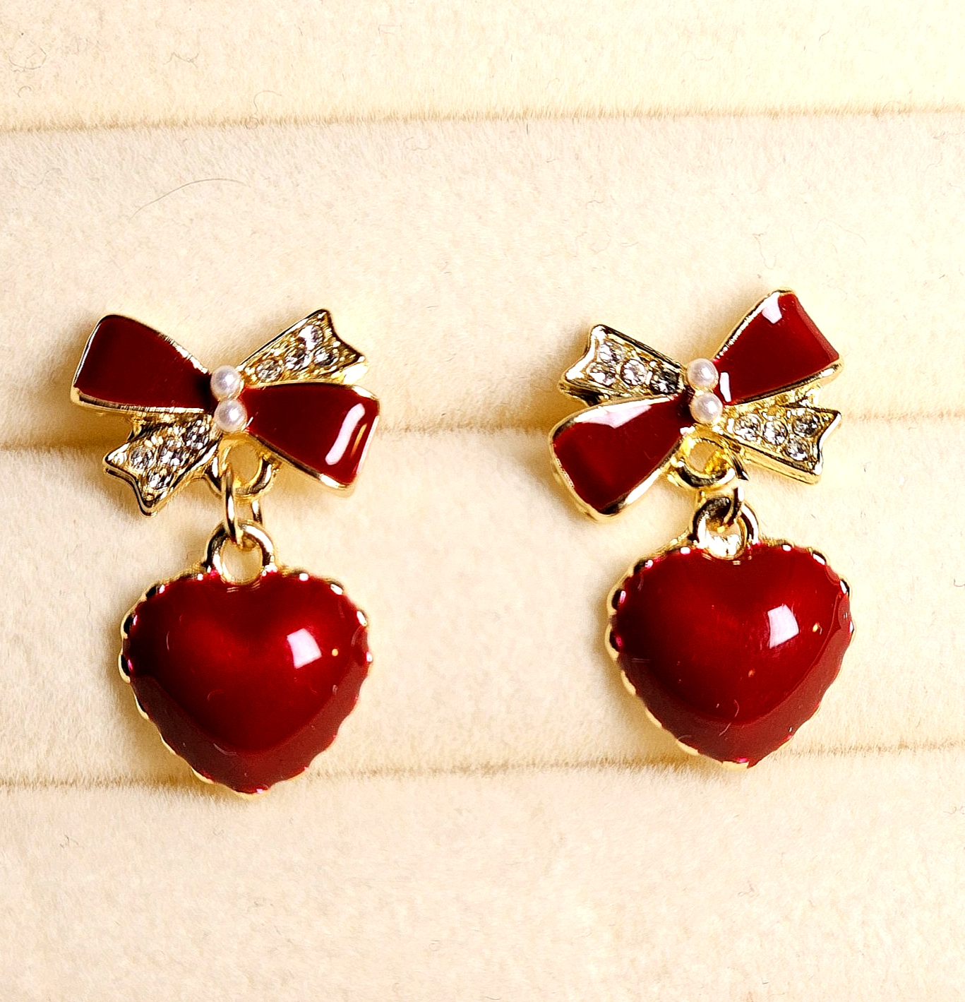 Romantic Red Heart Drop Earrings Gold Tone Bow Crystal Dangle Earrings Cute Gift