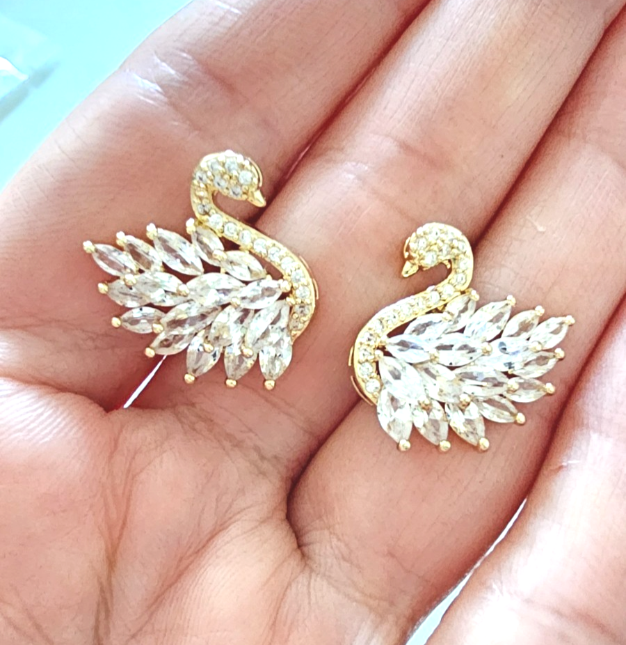 Gold Tone Swan Crystal Stud Earrings Elegant Sparkly Statement Bridal Gift