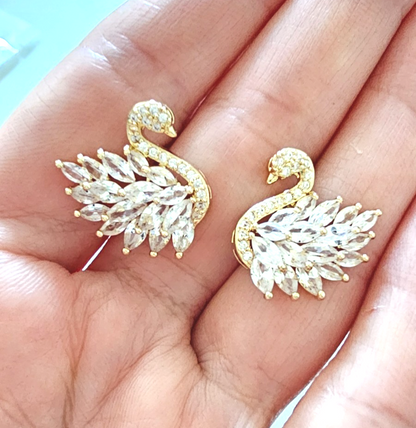 Gold Tone Swan Crystal Stud Earrings Elegant Sparkly Statement Bridal Gift