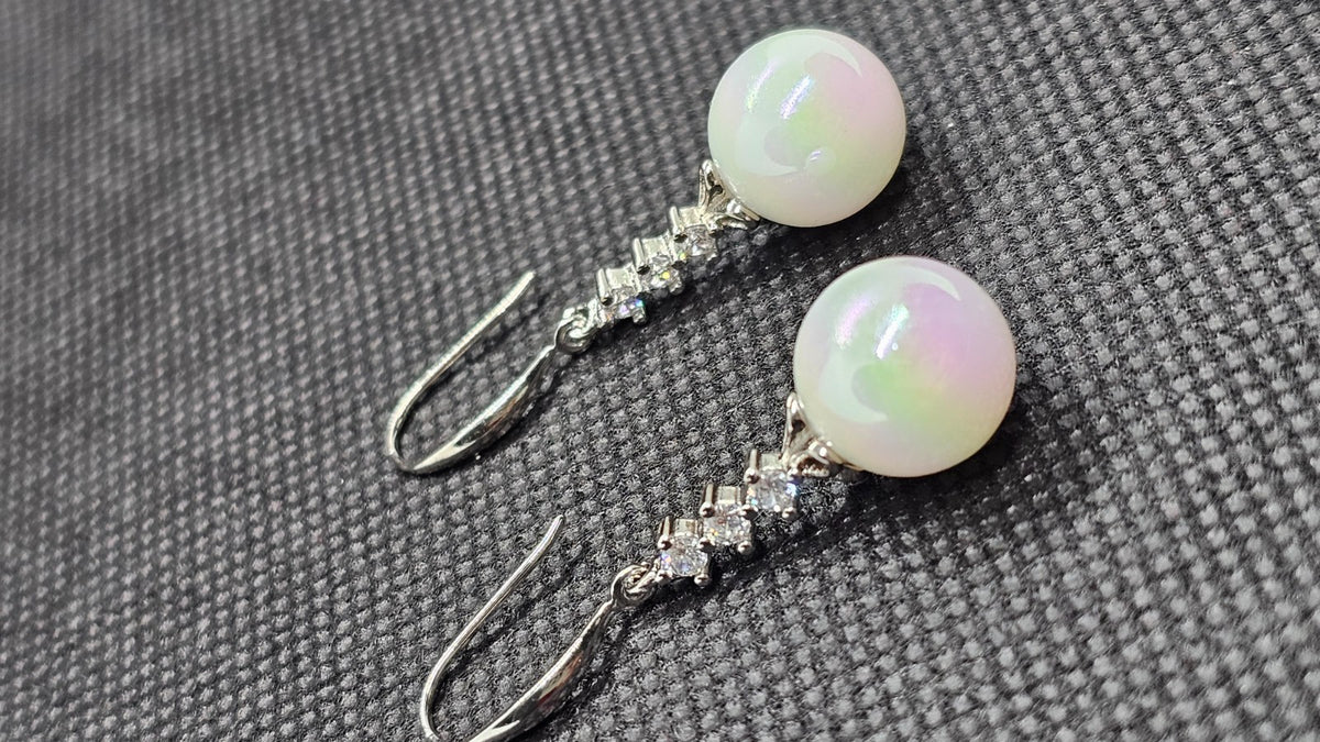 Silver Crystal Dangle White Pearl Drop Earrings Bridal Wedding Elegant Jewelry