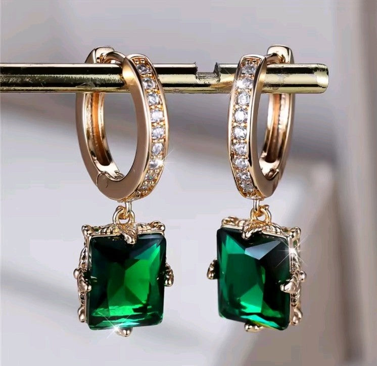 Gold Emerald Green Square Hoop Earrings CZ Pavé Huggie Cushion Drop Dangle UK