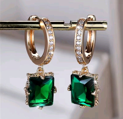 Gold Emerald Green Square Hoop Earrings CZ Pavé Huggie Cushion Drop Dangle UK