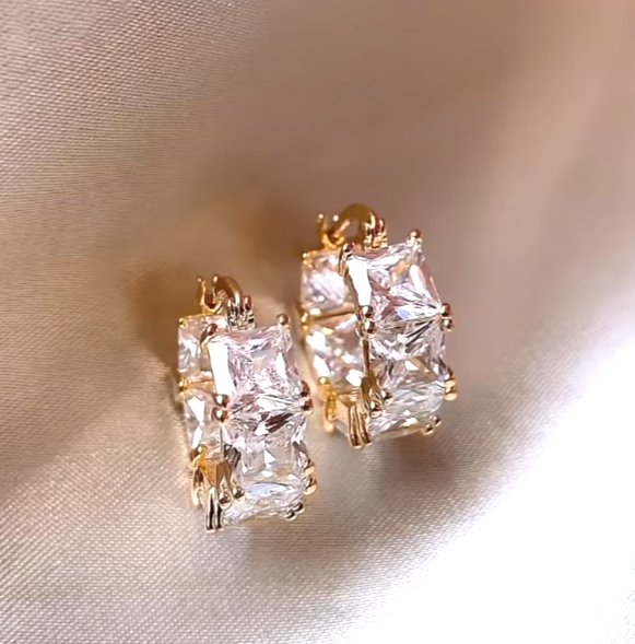 Gold Chunky Hoop Earrings Princess Cut Crystal Square Huggie Bridal Prom Gift