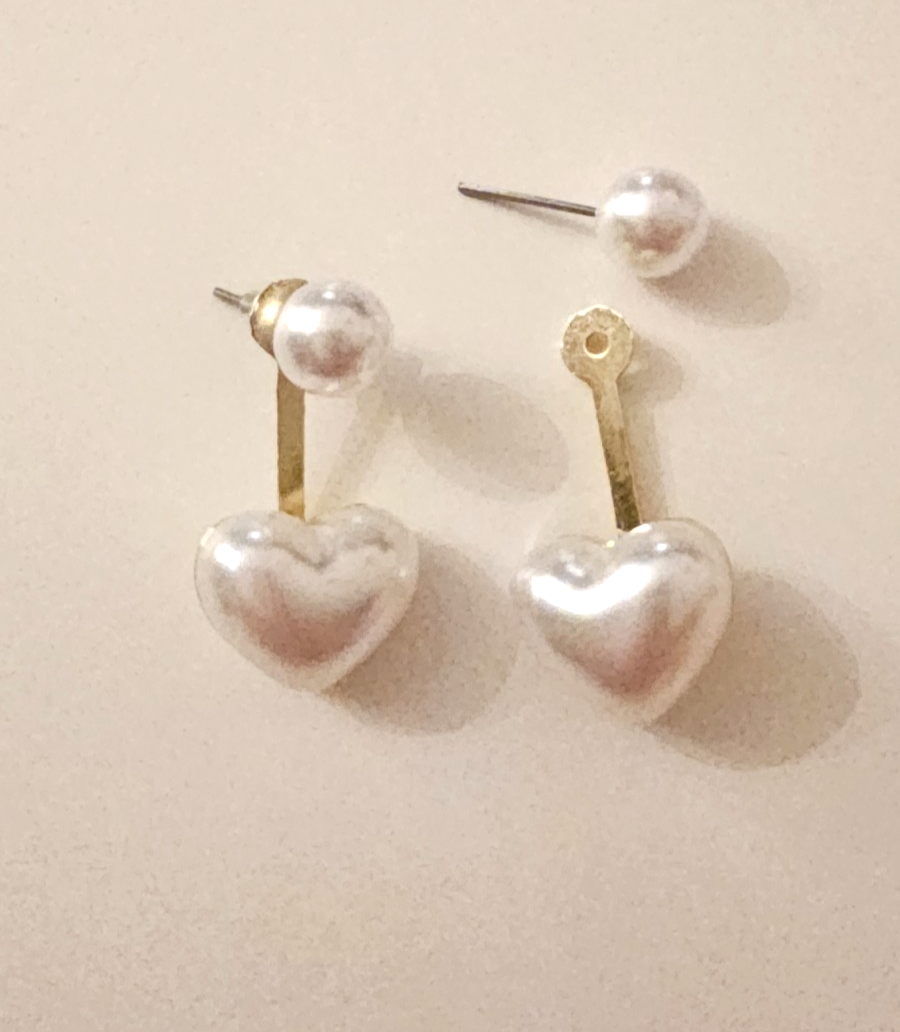 2-in-1 Faux Pearl Heart Ear Jacket Stud Earrings Gold Tone Retro Classic Gift