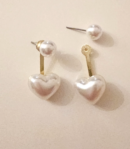 2-in-1 Faux Pearl Heart Ear Jacket Stud Earrings Gold Tone Retro Classic Gift