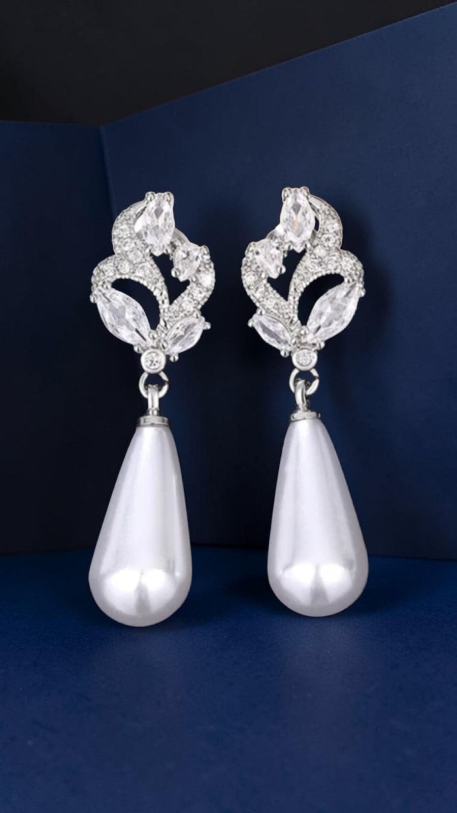 ​Silver Pearl Drop Earrings Bridal Crystal Marquise Flower Wedding Teardrop Gift