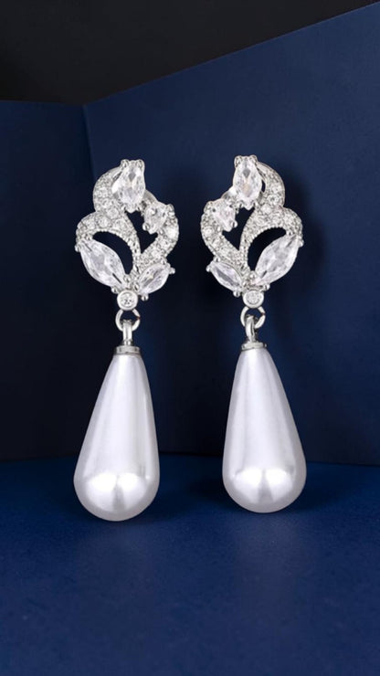 ​Silver Pearl Drop Earrings Bridal Crystal Marquise Flower Wedding Teardrop Gift
