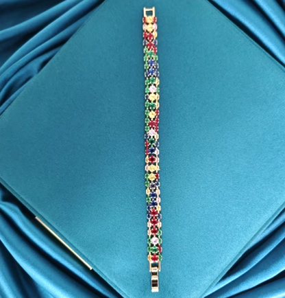 Rainbow Multicolour Crystal Tennis Bracelet Gold Tone | 18.5cm | Sparkly Gift Je