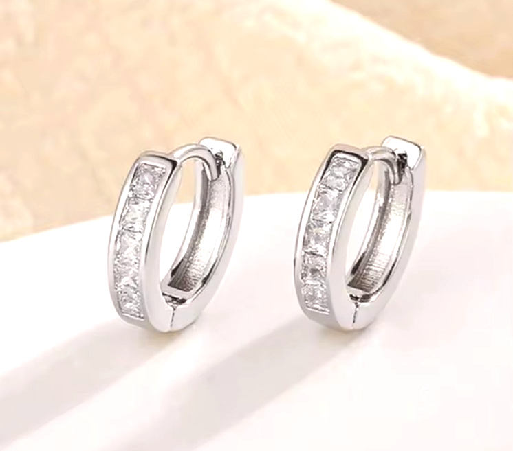 Silver CZ Huggie Hoop Earrings Princess Cut Cubic Zirconia Channel Set Hoops 1.8