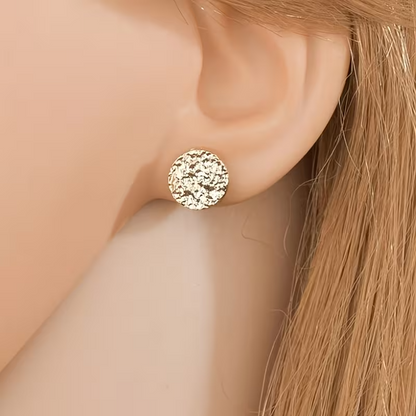 Gold Textured Round Stud Earrings Hammered Disc Circle Studs Womens Jewellery