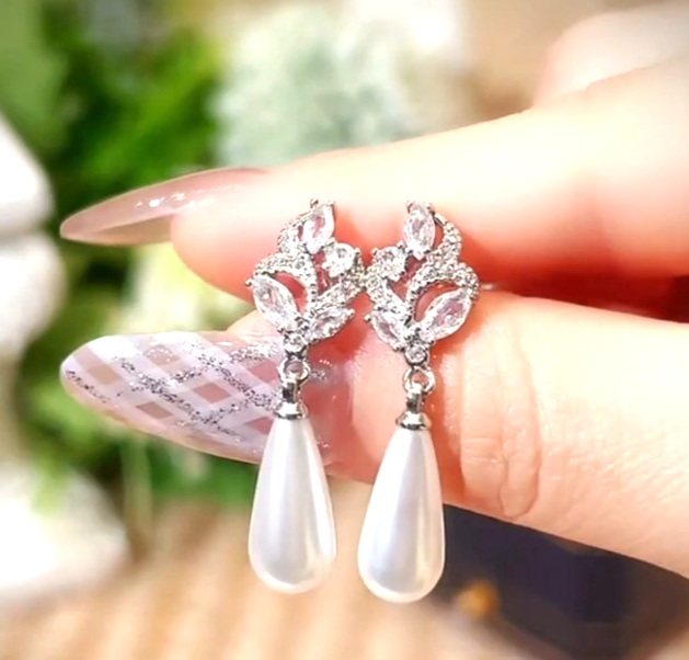 ​Silver Pearl Drop Earrings Bridal Crystal Marquise Flower Wedding Teardrop Gift