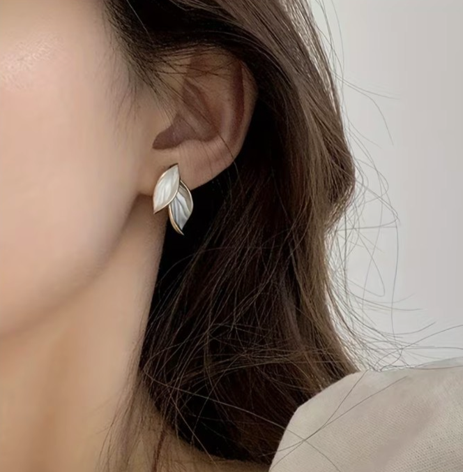 ​Gold Enamel Leaf Earrings Minimalist Contrasting Grey White Plant Studs Gift