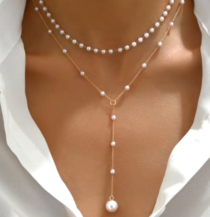 ​Gold Layered Pearl Choker Necklace Y Lariat Drop Tassel Pendant Long Chain Gift