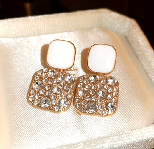 ​Gold Square Drop Earrings White Enamel Rhinestone Geometric Vintage Dangle Gift